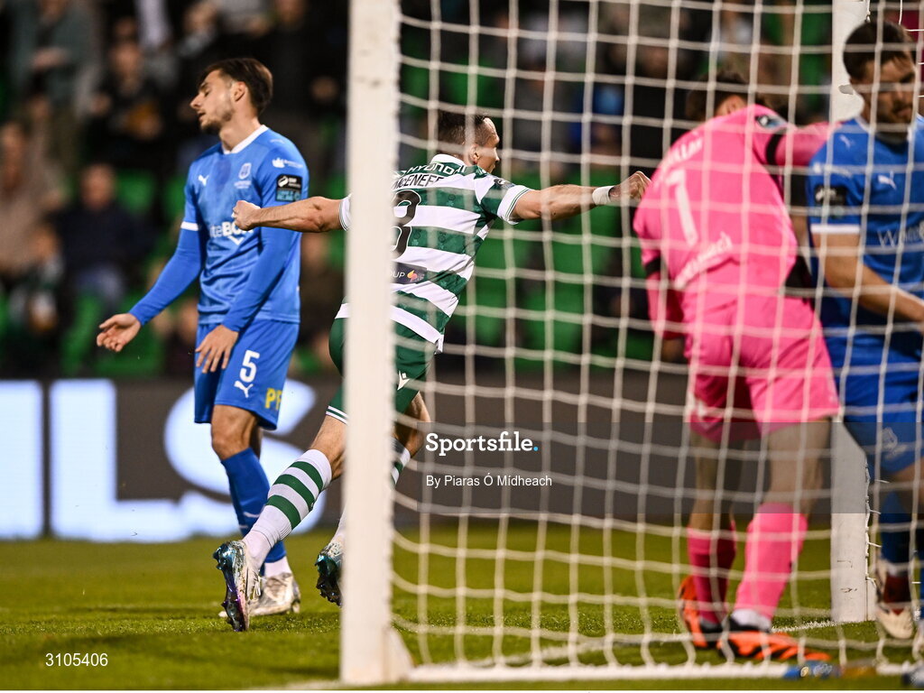11 April 2025; Aaron McEneff of Shamrock Rovers celebrates scoring his side's first goal during the SSE Airtricity Men's Premier Division match between Shamrock Rovers and Waterford at Tallaght Stadium in Dublin. Photo by Piaras Ó Mídheach/Sportsfile