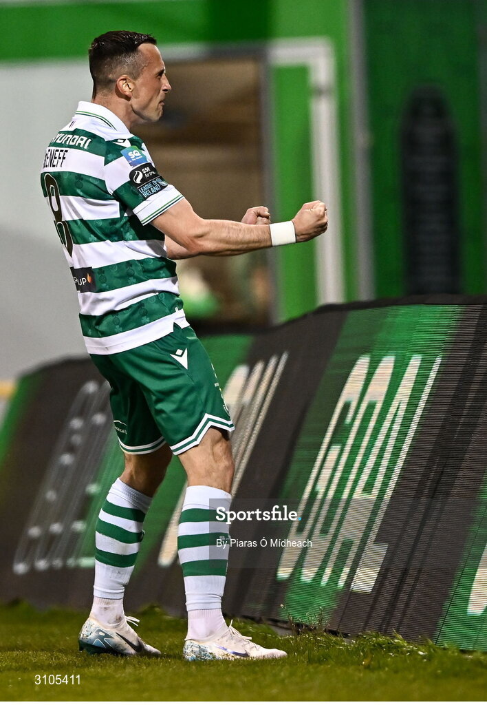 11 April 2025; Aaron McEneff of Shamrock Rovers celebrates scoring his side's first goal during the SSE Airtricity Men's Premier Division match between Shamrock Rovers and Waterford at Tallaght Stadium in Dublin. Photo by Piaras Ó Mídheach/Sportsfile