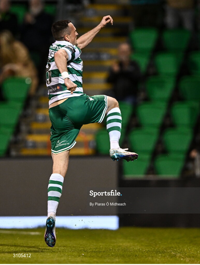 11 April 2025; Aaron McEneff of Shamrock Rovers celebrates scoring his side's first goal during the SSE Airtricity Men's Premier Division match between Shamrock Rovers and Waterford at Tallaght Stadium in Dublin. Photo by Piaras Ó Mídheach/Sportsfile