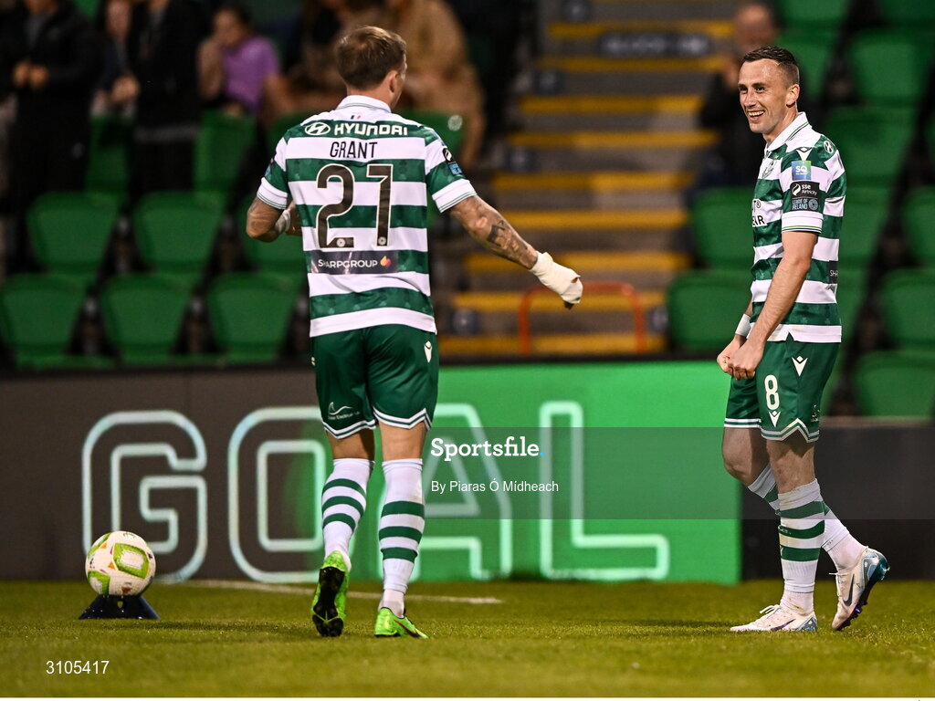 11 April 2025; Aaron McEneff of Shamrock Rovers celebrates with team-mate Danny Grant, left, after scoring their side's first goal during the SSE Airtricity Men's Premier Division match between Shamrock Rovers and Waterford at Tallaght Stadium in Dublin. Photo by Piaras Ó Mídheach/Sportsfile
