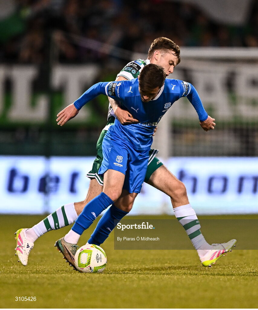 11 April 2025; Ben McCormack of Waterford in action against Matt Healy of Shamrock Rovers during the SSE Airtricity Men's Premier Division match between Shamrock Rovers and Waterford at Tallaght Stadium in Dublin. Photo by Piaras Ó Mídheach/Sportsfile