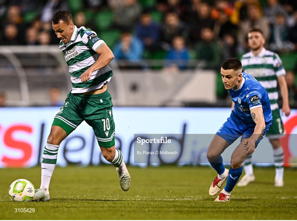 11 April 2025; Graham Burke of Shamrock Rovers gets past Darragh Leahy of Waterford during the SSE Airtricity Men's Premier Division match between Shamrock Rovers and Waterford at Tallaght Stadium in Dublin. Photo by Piaras Ó Mídheach/Sportsfile