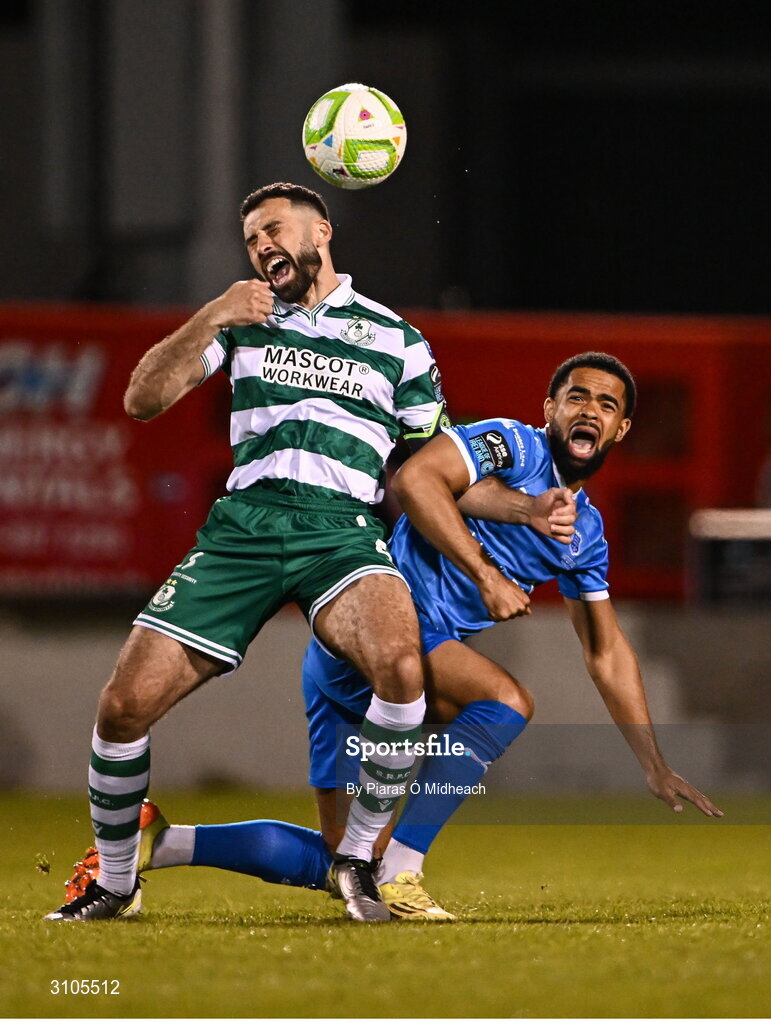 11 April 2025; Roberto Lopes of Shamrock Rovers in action against Trae Coyle of Waterford during the SSE Airtricity Men's Premier Division match between Shamrock Rovers and Waterford at Tallaght Stadium in Dublin. Photo by Piaras Ó Mídheach/Sportsfile