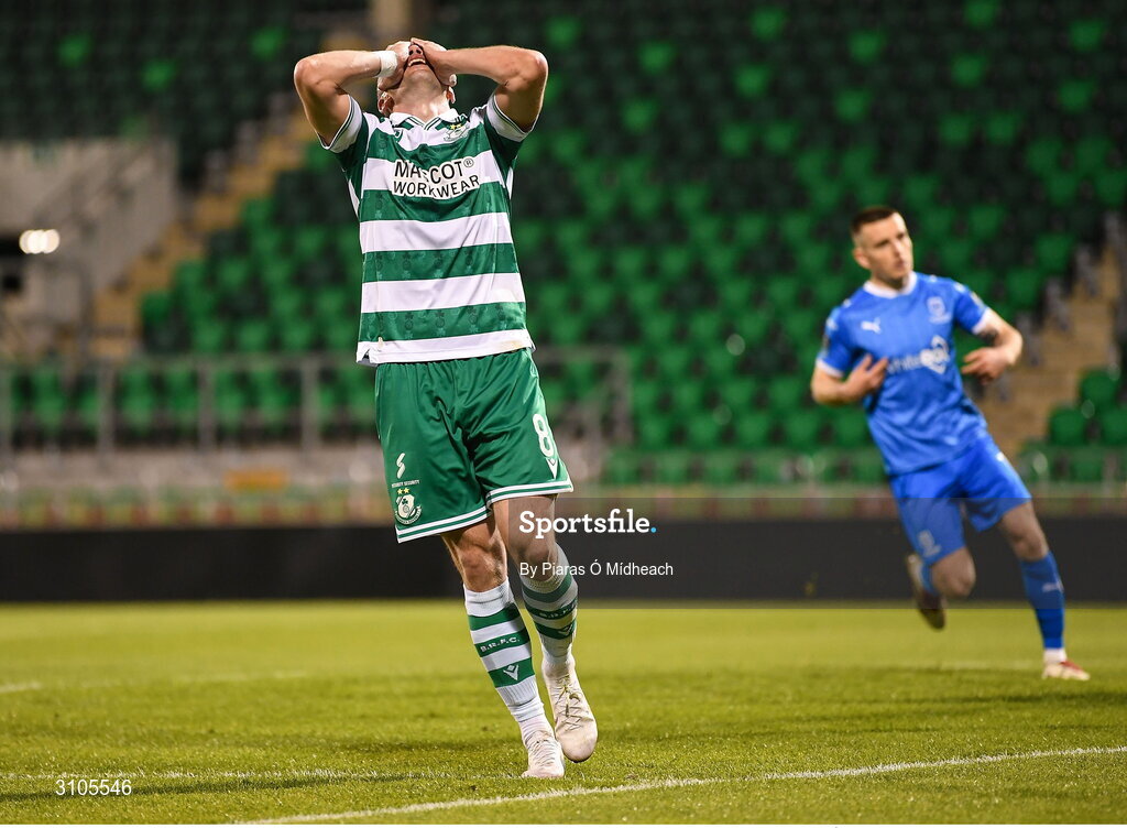 11 April 2025; Aaron McEneff of Shamrock Rovers reacts after a missed chance during the SSE Airtricity Men's Premier Division match between Shamrock Rovers and Waterford at Tallaght Stadium in Dublin. Photo by Piaras Ó Mídheach/Sportsfile