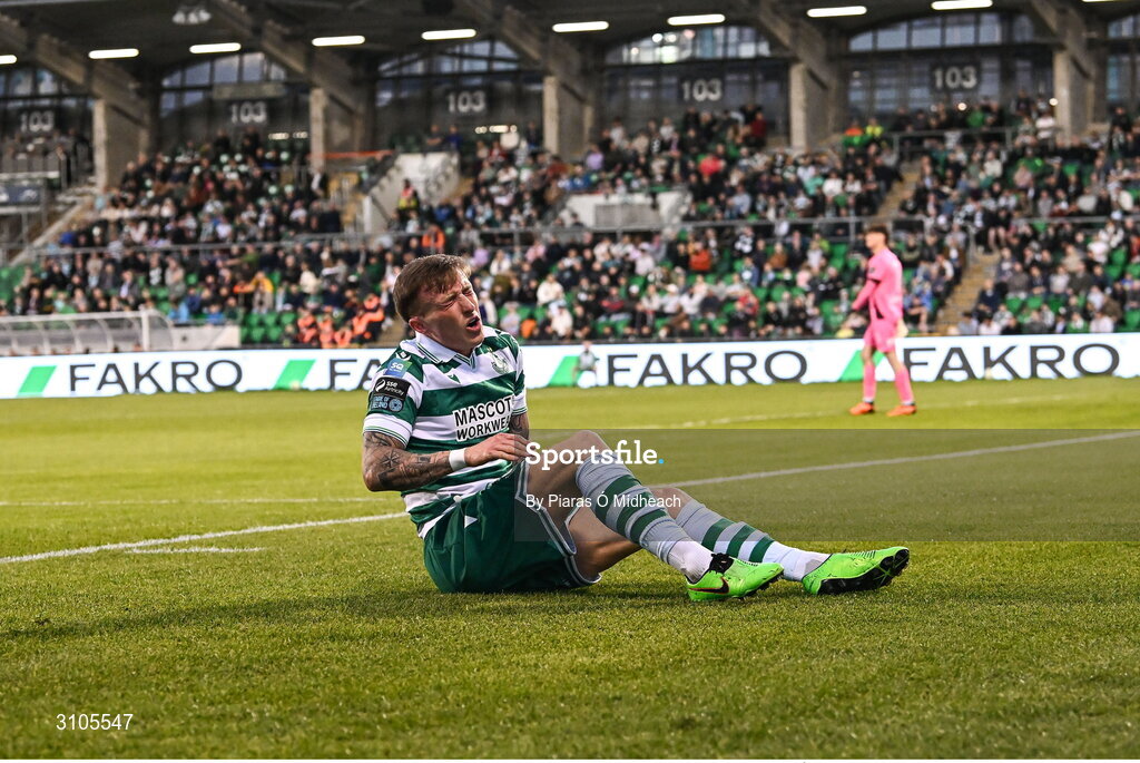 11 April 2025; Danny Grant of Shamrock Rovers reacts after a tackle during the SSE Airtricity Men's Premier Division match between Shamrock Rovers and Waterford at Tallaght Stadium in Dublin. Photo by Piaras Ó Mídheach/Sportsfile