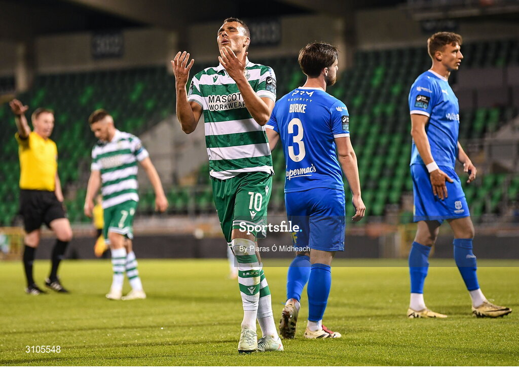 11 April 2025; Graham Burke of Shamrock Rovers reacts after a missed chance during the SSE Airtricity Men's Premier Division match between Shamrock Rovers and Waterford at Tallaght Stadium in Dublin. Photo by Piaras Ó Mídheach/Sportsfile