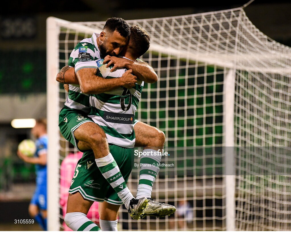 11 April 2025; Lee Grace of Shamrock Rovers, right, celebrates with team-mate Roberto Lopes after scoring their side's second goal during the SSE Airtricity Men's Premier Division match between Shamrock Rovers and Waterford at Tallaght Stadium in Dublin. Photo by Piaras Ó Mídheach/Sportsfile