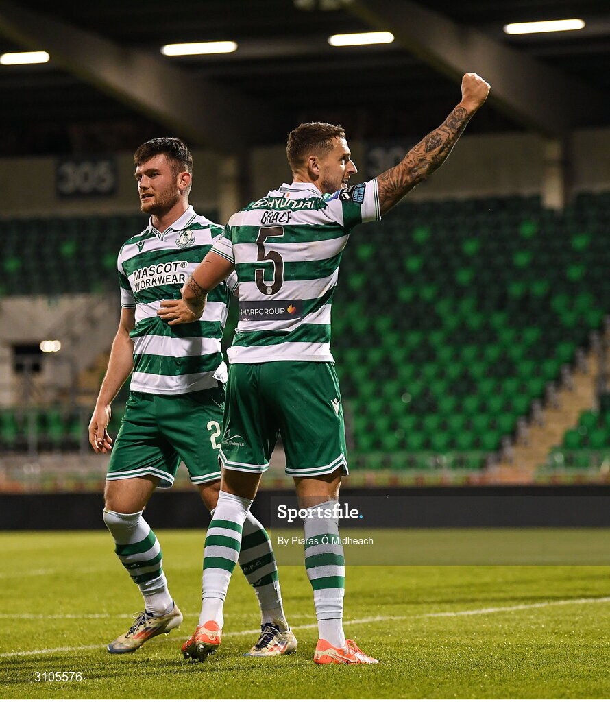 11 April 2025; Lee Grace of Shamrock Rovers, 5, celebrates in front of the home supporters after scoring his side's second goal during the SSE Airtricity Men's Premier Division match between Shamrock Rovers and Waterford at Tallaght Stadium in Dublin. Photo by Piaras Ó Mídheach/Sportsfile