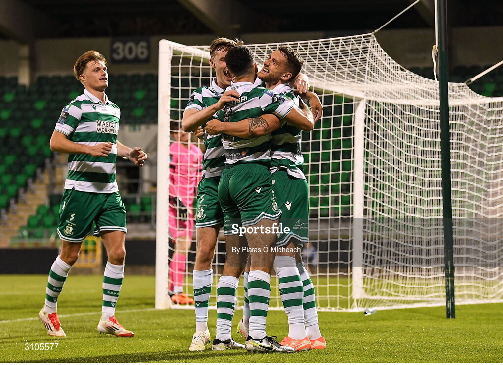 11 April 2025; Lee Grace of Shamrock Rovers, right, celebrates with team-mats after scoring their side's second goal during the SSE Airtricity Men's Premier Division match between Shamrock Rovers and Waterford at Tallaght Stadium in Dublin. Photo by Piaras Ó Mídheach/Sportsfile