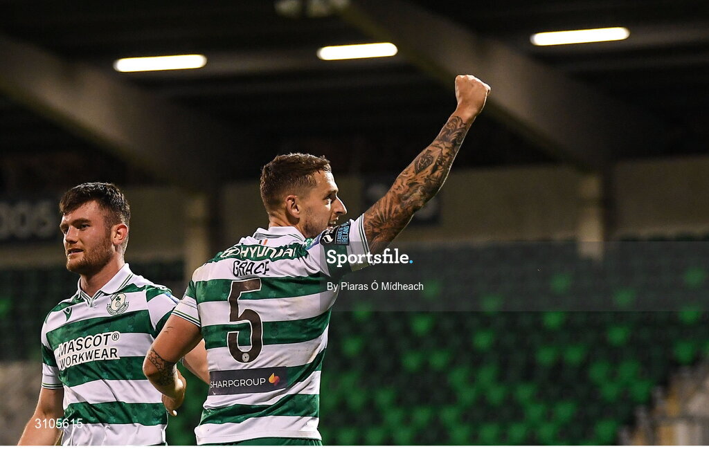 11 April 2025; Lee Grace of Shamrock Rovers, 5, celebrates in front of the home supporters after scoring his side's second goal during the SSE Airtricity Men's Premier Division match between Shamrock Rovers and Waterford at Tallaght Stadium in Dublin. Photo by Piaras Ó Mídheach/Sportsfile