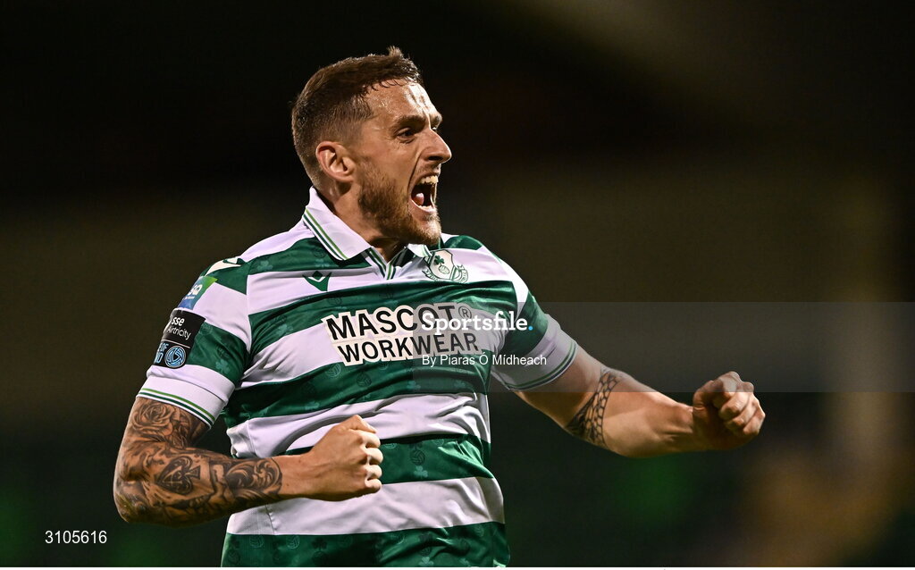 11 April 2025; Lee Grace of Shamrock Rovers, left, celebrates scoring his side's second goal during the SSE Airtricity Men's Premier Division match between Shamrock Rovers and Waterford at Tallaght Stadium in Dublin. Photo by Piaras Ó Mídheach/Sportsfile