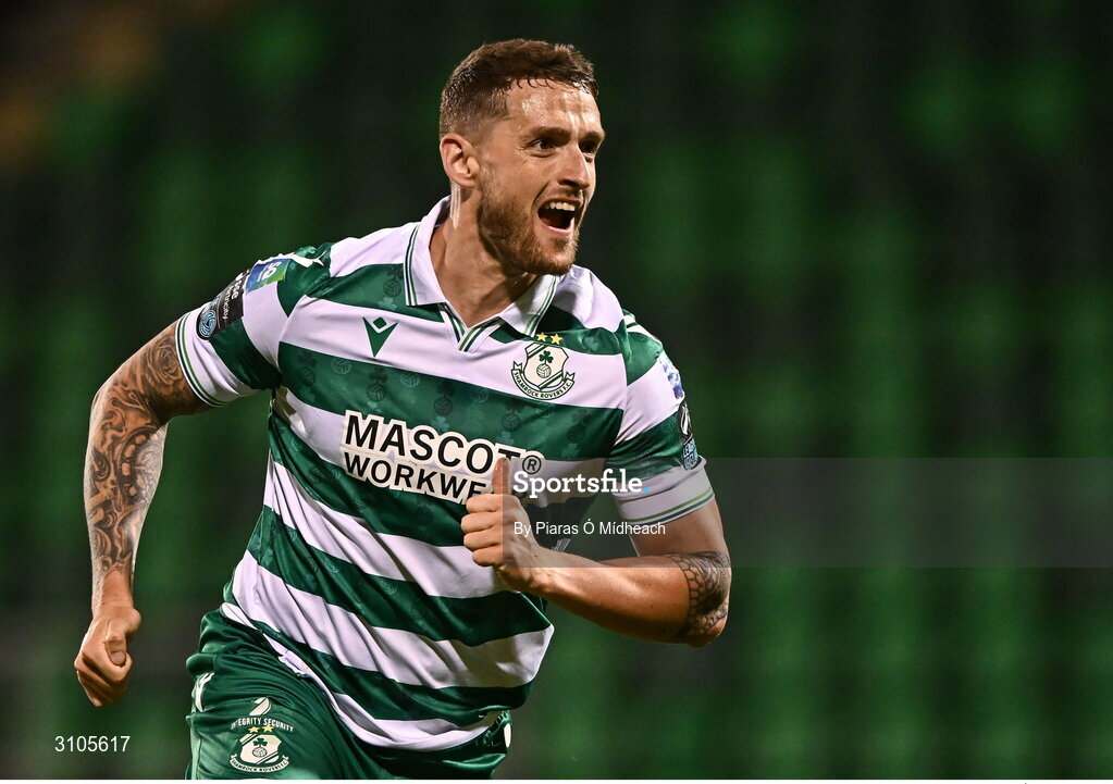 11 April 2025; Lee Grace of Shamrock Rovers celebrates scoring his side's second goal during the SSE Airtricity Men's Premier Division match between Shamrock Rovers and Waterford at Tallaght Stadium in Dublin. Photo by Piaras Ó Mídheach/Sportsfile