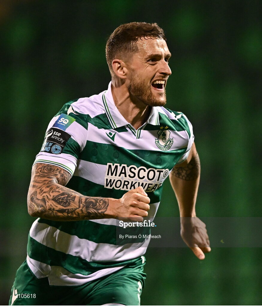 11 April 2025; Lee Grace of Shamrock Rovers celebrates scoring his side's second goal during the SSE Airtricity Men's Premier Division match between Shamrock Rovers and Waterford at Tallaght Stadium in Dublin. Photo by Piaras Ó Mídheach/Sportsfile