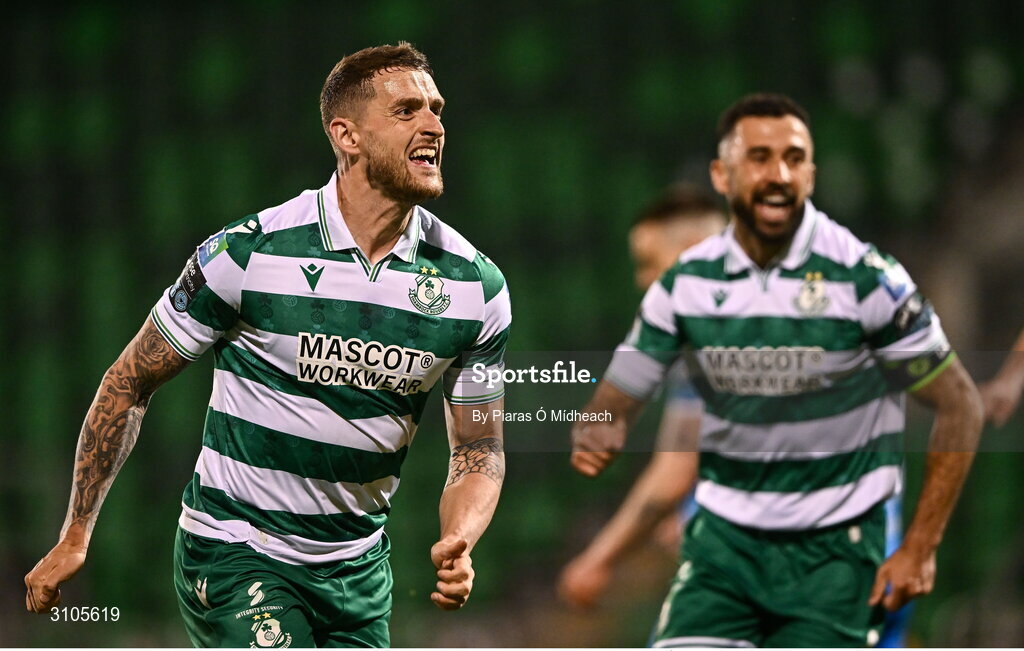 11 April 2025; Lee Grace of Shamrock Rovers, left, celebrates scoring his side's second goal during the SSE Airtricity Men's Premier Division match between Shamrock Rovers and Waterford at Tallaght Stadium in Dublin. Photo by Piaras Ó Mídheach/Sportsfile