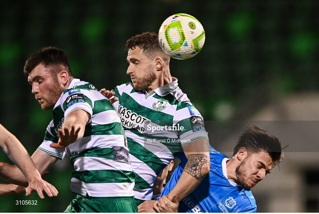 11 April 2025; Lee Grace of Shamrock Rovers, centre, scores his side's second goal during the SSE Airtricity Men's Premier Division match between Shamrock Rovers and Waterford at Tallaght Stadium in Dublin. Photo by Piaras Ó Mídheach/Sportsfile