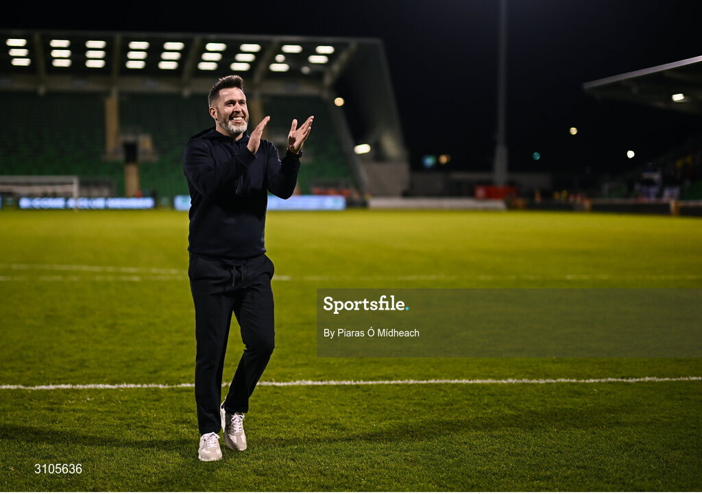 11 April 2025; Shamrock Rovers manager Stephen Bradley celebrates after his side's victory in the SSE Airtricity Men's Premier Division match between Shamrock Rovers and Waterford at Tallaght Stadium in Dublin. Photo by Piaras Ó Mídheach/Sportsfile