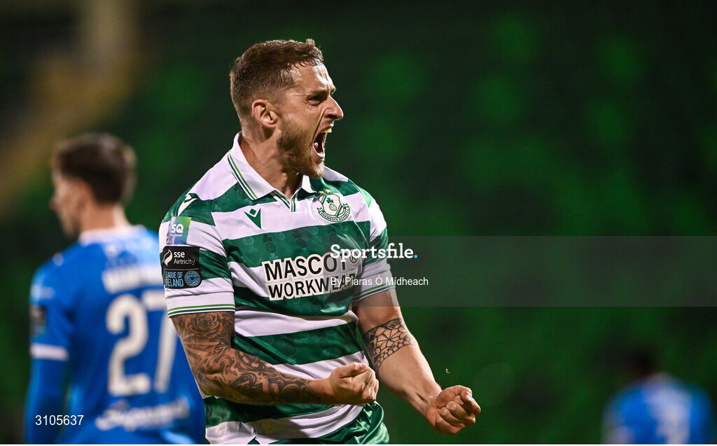 11 April 2025; Lee Grace of Shamrock Rovers celebrates scoring his side's second goal during the SSE Airtricity Men's Premier Division match between Shamrock Rovers and Waterford at Tallaght Stadium in Dublin. Photo by Piaras Ó Mídheach/Sportsfile