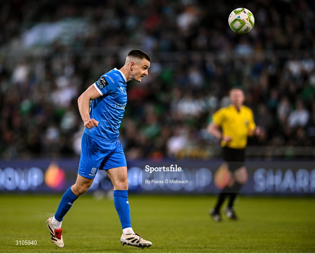 11 April 2025; Darragh Leahy of Waterford during the SSE Airtricity Men's Premier Division match between Shamrock Rovers and Waterford at Tallaght Stadium in Dublin. Photo by Piaras Ó Mídheach/Sportsfile