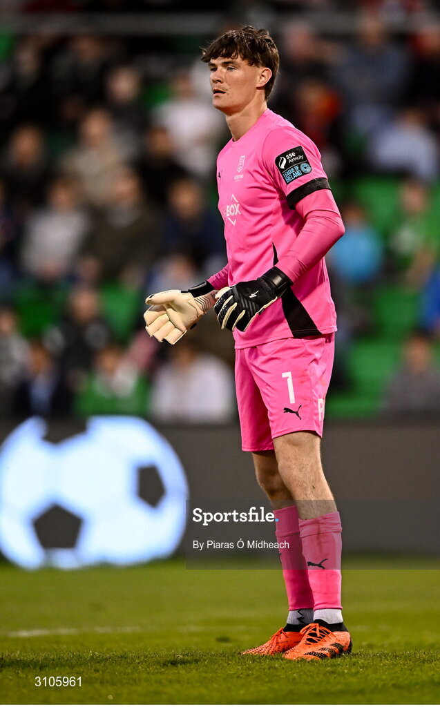 11 April 2025; Waterford goalkeeper Stephen McMullan during the SSE Airtricity Men's Premier Division match between Shamrock Rovers and Waterford at Tallaght Stadium in Dublin. Photo by Piaras Ó Mídheach/Sportsfile
