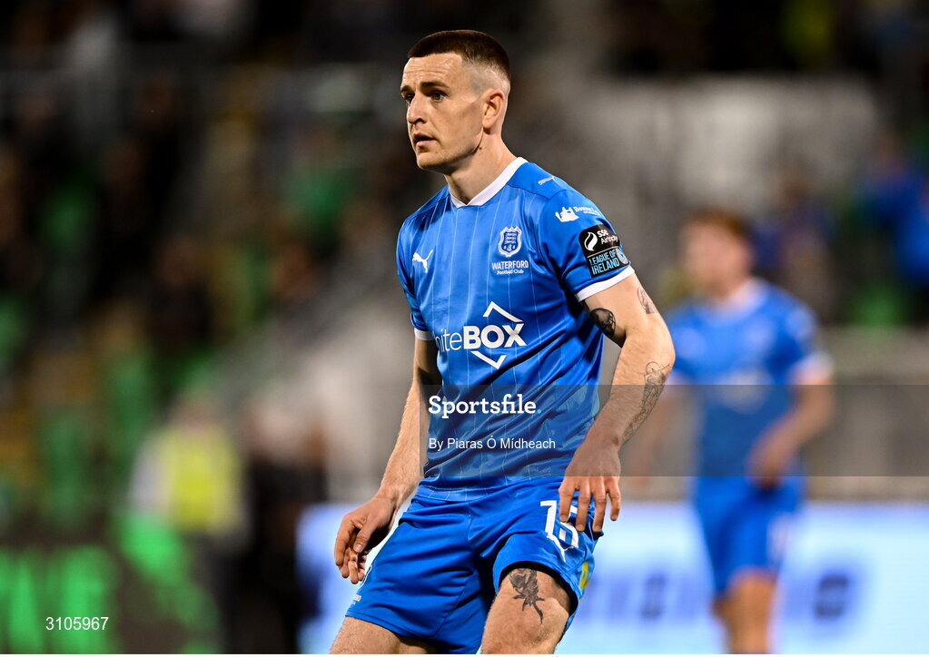 11 April 2025; Darragh Leahy of Waterford during the SSE Airtricity Men's Premier Division match between Shamrock Rovers and Waterford at Tallaght Stadium in Dublin. Photo by Piaras Ó Mídheach/Sportsfile