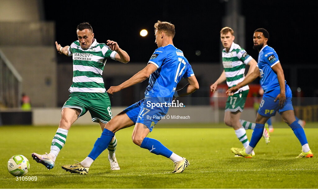 11 April 2025; Kacper Radkowski of Waterford in action against Aaron McEneff of Shamrock Rovers during the SSE Airtricity Men's Premier Division match between Shamrock Rovers and Waterford at Tallaght Stadium in Dublin. Photo by Piaras Ó Mídheach/Sportsfile