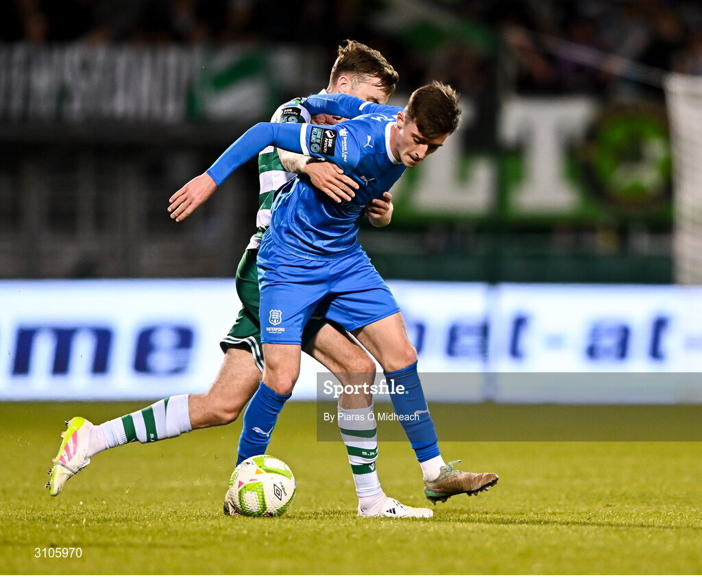 11 April 2025; Ben McCormack of Waterford in action against Matt Healy of Shamrock Rovers during the SSE Airtricity Men's Premier Division match between Shamrock Rovers and Waterford at Tallaght Stadium in Dublin. Photo by Piaras Ó Mídheach/Sportsfile