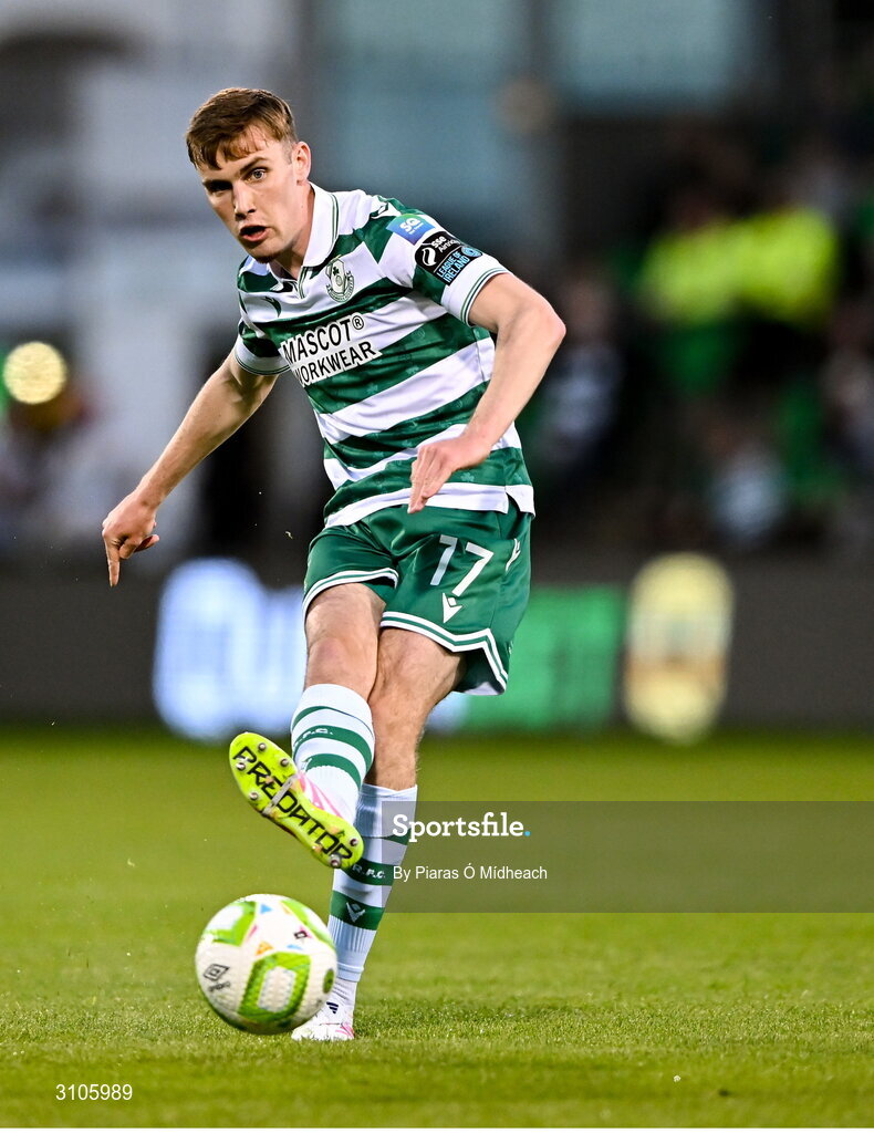 11 April 2025; Matt Healy of Shamrock Rovers during the SSE Airtricity Men's Premier Division match between Shamrock Rovers and Waterford at Tallaght Stadium in Dublin. Photo by Piaras Ó Mídheach/Sportsfile