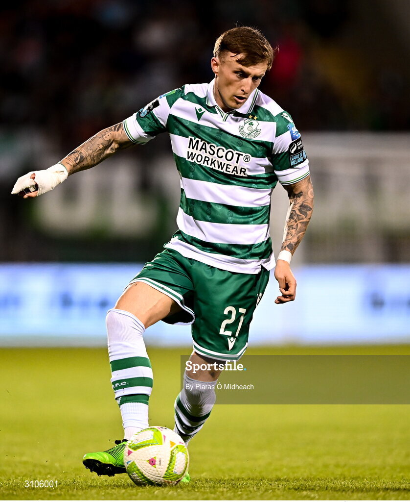 11 April 2025; Danny Grant of Shamrock Rovers during the SSE Airtricity Men's Premier Division match between Shamrock Rovers and Waterford at Tallaght Stadium in Dublin. Photo by Piaras Ó Mídheach/Sportsfile