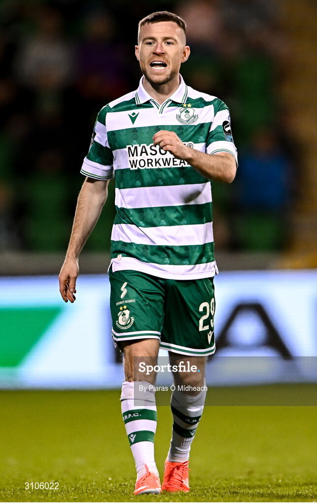 11 April 2025; Jack Byrne of Shamrock Rovers during the SSE Airtricity Men's Premier Division match between Shamrock Rovers and Waterford at Tallaght Stadium in Dublin. Photo by Piaras Ó Mídheach/Sportsfile