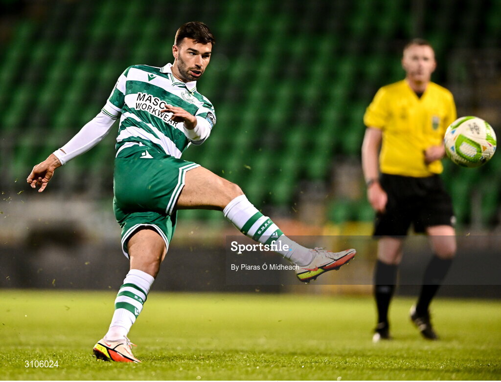 11 April 2025; Danny Mandroiu of Shamrock Rovers during the SSE Airtricity Men's Premier Division match between Shamrock Rovers and Waterford at Tallaght Stadium in Dublin. Photo by Piaras Ó Mídheach/Sportsfile