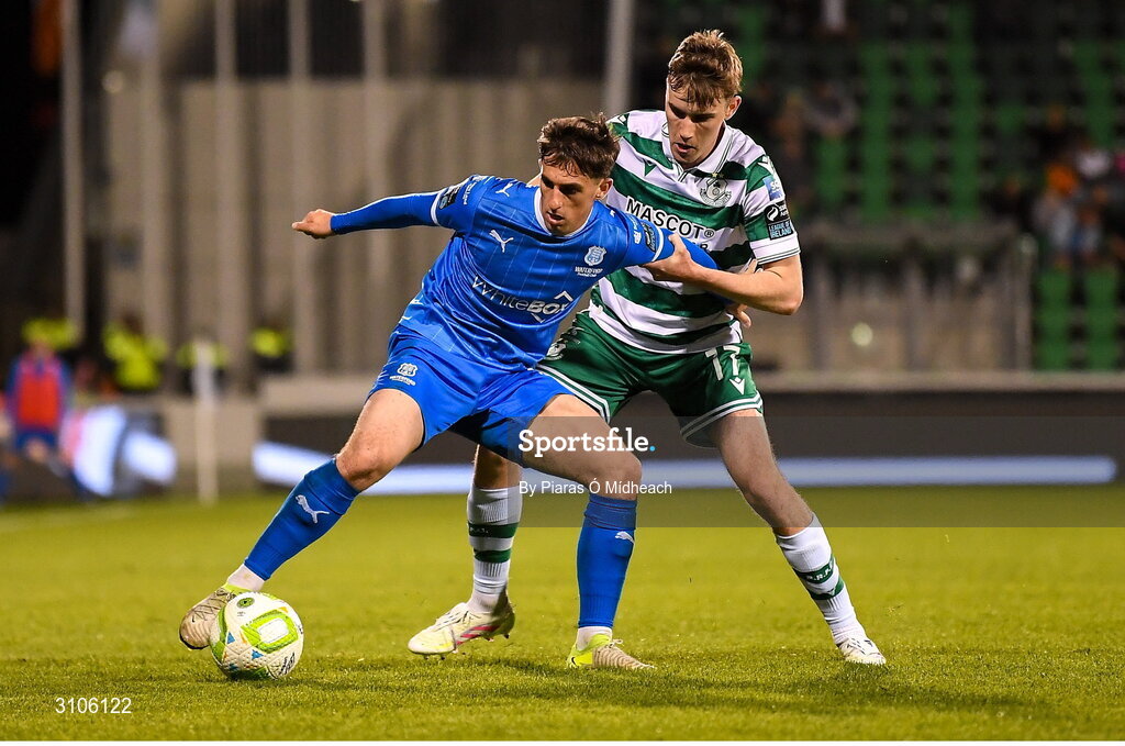 11 April 2025; Dean McMenamy of Waterford in action against Matt Healy of Shamrock Rovers during the SSE Airtricity Men's Premier Division match between Shamrock Rovers and Waterford at Tallaght Stadium in Dublin. Photo by Piaras Ó Mídheach/Sportsfile