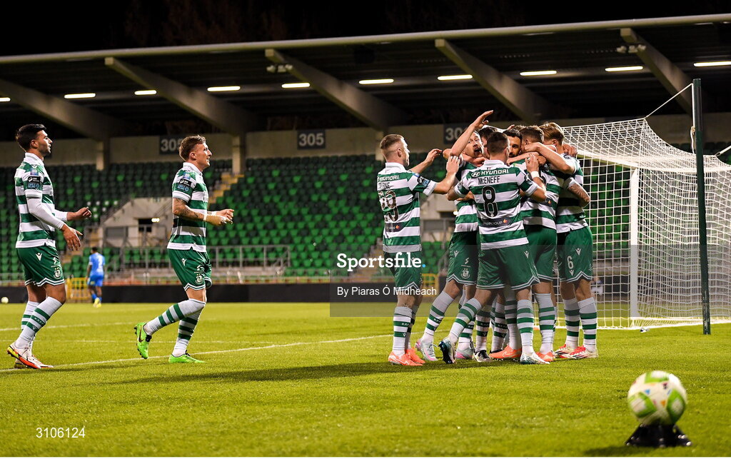 11 April 2025; Lee Grace, hidden, celebrates with his Shamrock Rovers team-mates after he scored their side's second goal during the SSE Airtricity Men's Premier Division match between Shamrock Rovers and Waterford at Tallaght Stadium in Dublin. Photo by Piaras Ó Mídheach/Sportsfile