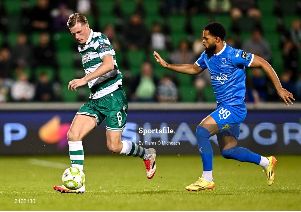11 April 2025; Daniel Cleary of Shamrock Rovers in action against Trae Coyle of Waterford during the SSE Airtricity Men's Premier Division match between Shamrock Rovers and Waterford at Tallaght Stadium in Dublin. Photo by Piaras Ó Mídheach/Sportsfile