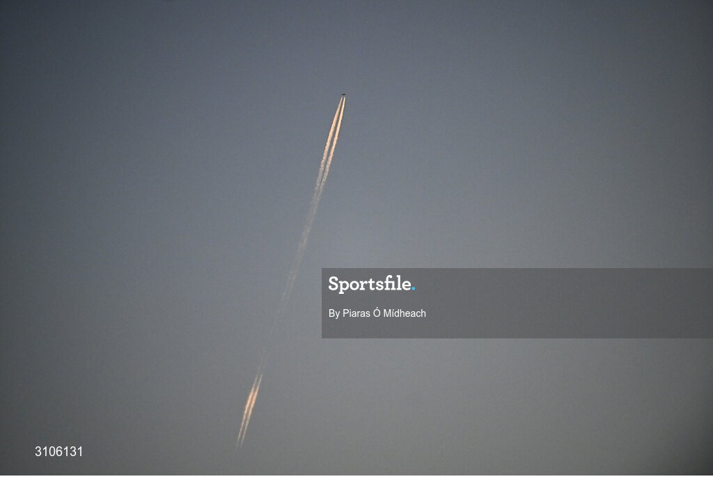 11 April 2025; A plane flies over the pitch during the SSE Airtricity Men's Premier Division match between Shamrock Rovers and Waterford at Tallaght Stadium in Dublin. Photo by Piaras Ó Mídheach/Sportsfile
