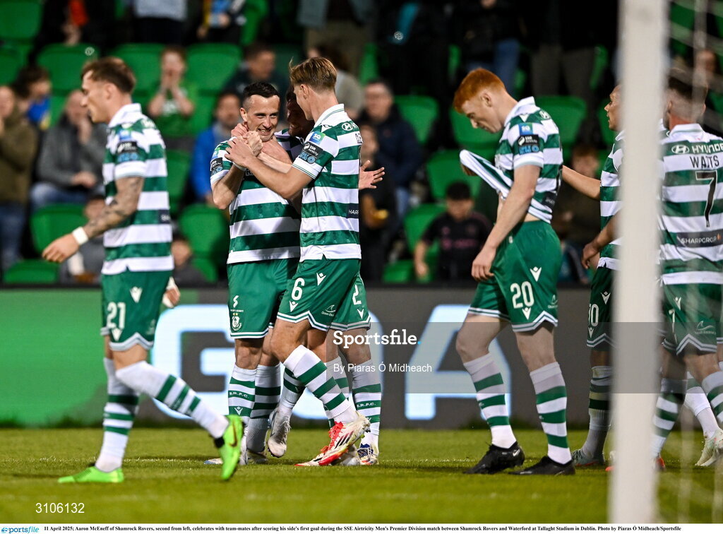 11 April 2025; Aaron McEneff of Shamrock Rovers, second from left, celebrates with team-mates after scoring his side's first goal during the SSE Airtricity Men's Premier Division match between Shamrock Rovers and Waterford at Tallaght Stadium in Dublin. Photo by Piaras Ó Mídheach/Sportsfile