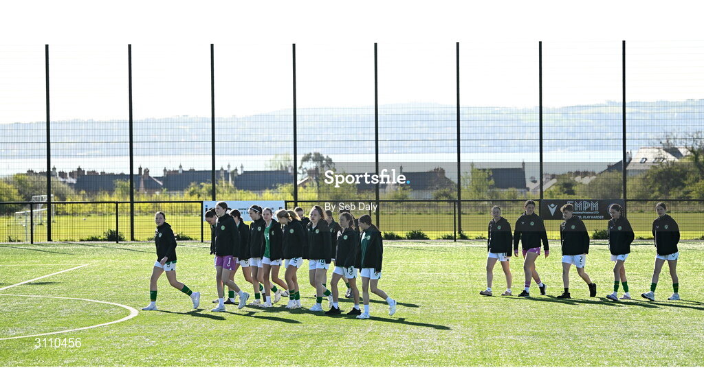 17 April 2025; Republic of Ireland players walk the pitch before the Girls U15 SAFIB Bob Docherty Cup match between Northern Ireland and Republic of Ireland at Greenisland FC in Antrim. Photo by Seb Daly/Sportsfile