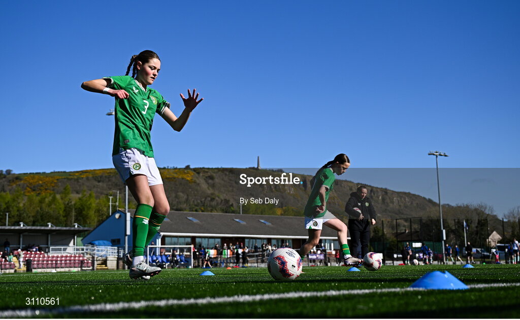 17 April 2025; Ava Hallinan of Republic of Ireland warms-up before the Girls U15 SAFIB Bob Docherty Cup match between Northern Ireland and Republic of Ireland at Greenisland FC in Antrim. Photo by Seb Daly/Sportsfile