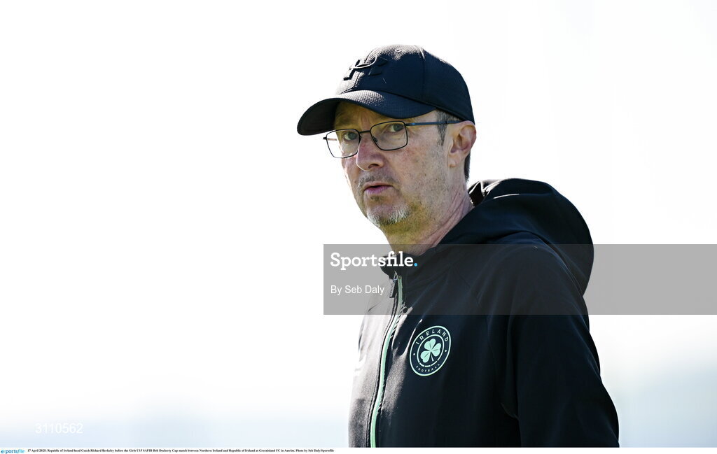 17 April 2025; Republic of Ireland head Coach Richard Berkeley before the Girls U15 SAFIB Bob Docherty Cup match between Northern Ireland and Republic of Ireland at Greenisland FC in Antrim. Photo by Seb Daly/Sportsfile