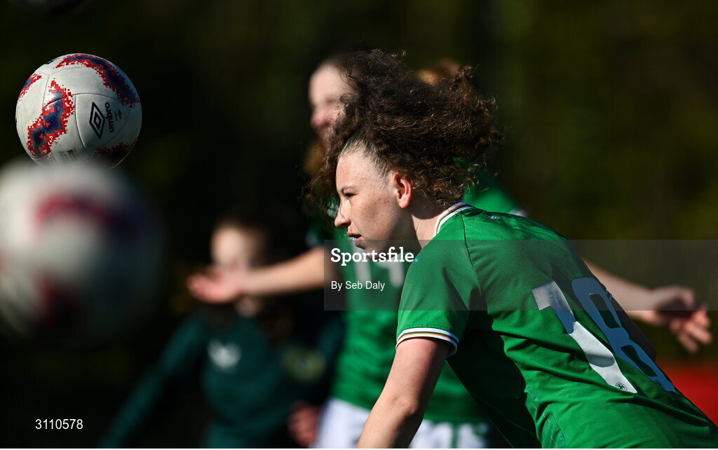 17 April 2025; Laila Hurley of Republic of Ireland warms-up before the Girls U15 SAFIB Bob Docherty Cup match between Northern Ireland and Republic of Ireland at Greenisland FC in Antrim. Photo by Seb Daly/Sportsfile