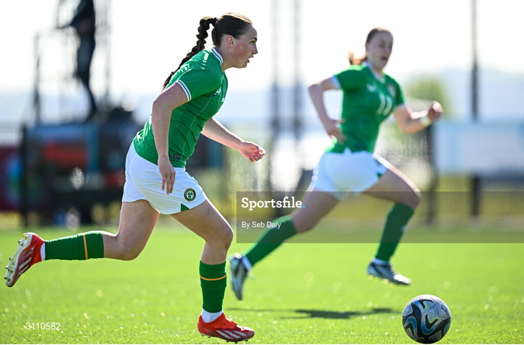 17 April 2025; Halle Harcourt of Republic of Ireland on her way to scoring her side's first goal during the Girls U15 SAFIB Bob Docherty Cup match between Northern Ireland and Republic of Ireland at Greenisland FC in Antrim. Photo by Seb Daly/Sportsfile