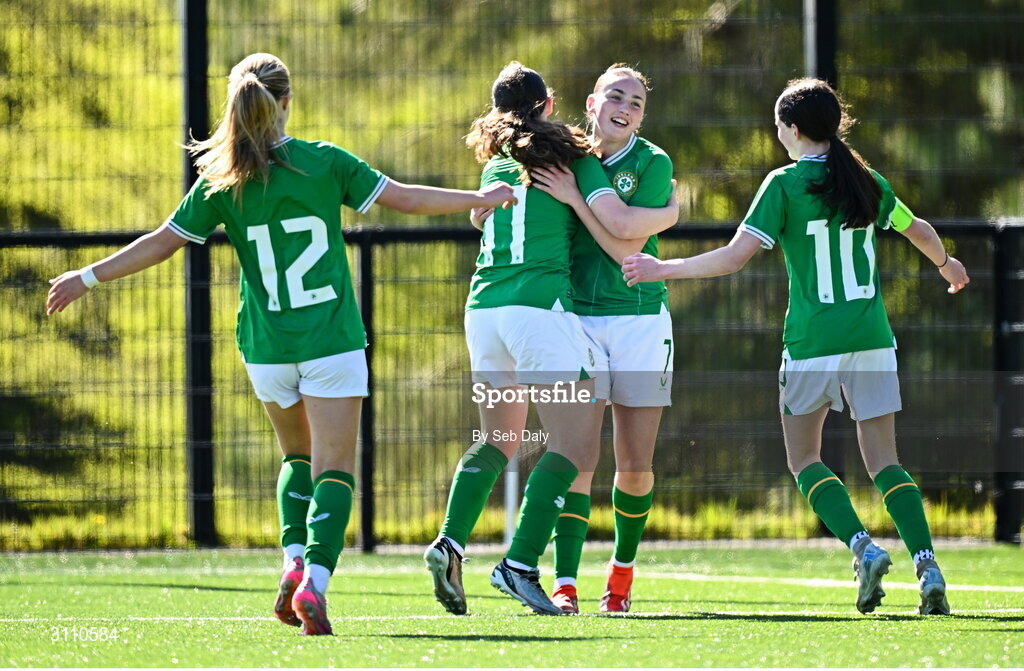 17 April 2025; Halle Harcourt of Republic of Ireland, second from right, celebrates with teammates after scoring their side's first goal during the Girls U15 SAFIB Bob Docherty Cup match between Northern Ireland and Republic of Ireland at Greenisland FC in Antrim. Photo by Seb Daly/Sportsfile