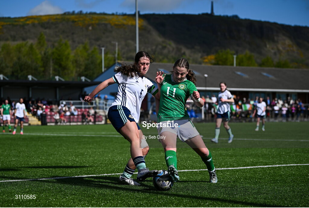 17 April 2025; Abbie Duffy of Republic of Ireland in action against Ellie-Mae Turner of Northern Ireland during the Girls U15 SAFIB Bob Docherty Cup match between Northern Ireland and Republic of Ireland at Greenisland FC in Antrim. Photo by Seb Daly/Sportsfile