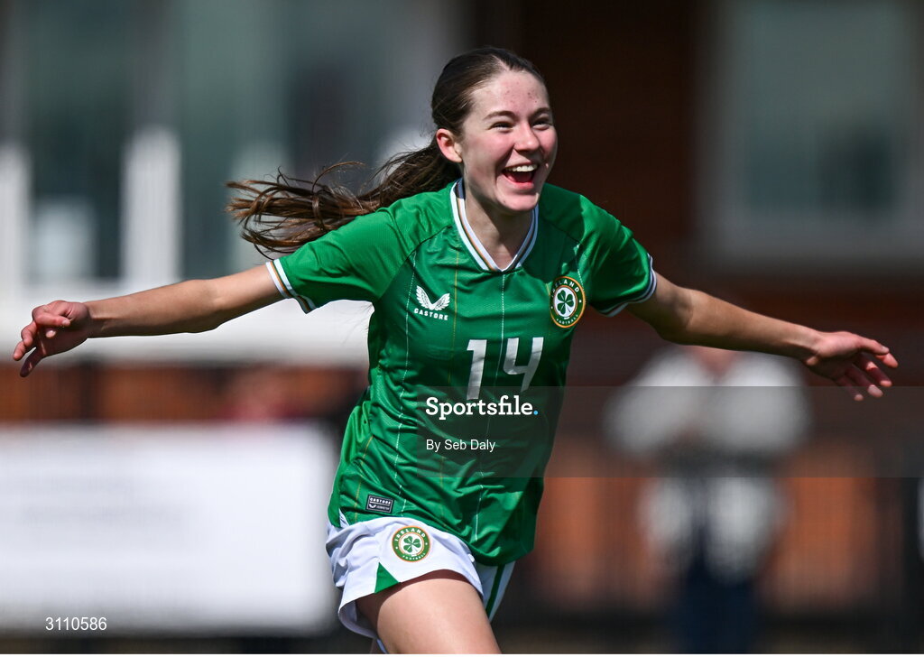 17 April 2025; Hailey Twomey of Republic of Ireland celebrates after scoring her side's second goal during the Girls U15 SAFIB Bob Docherty Cup match between Northern Ireland and Republic of Ireland at Greenisland FC in Antrim. Photo by Seb Daly/Sportsfile