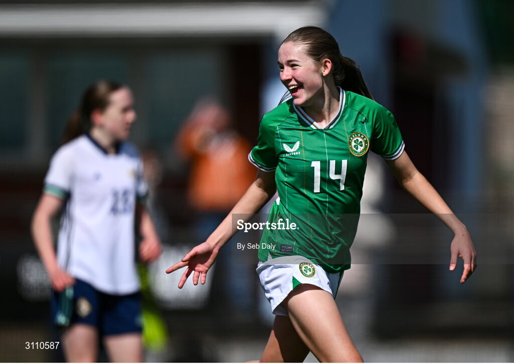 17 April 2025; Hailey Twomey of Republic of Ireland celebrates after scoring her side's second goal during the Girls U15 SAFIB Bob Docherty Cup match between Northern Ireland and Republic of Ireland at Greenisland FC in Antrim. Photo by Seb Daly/Sportsfile