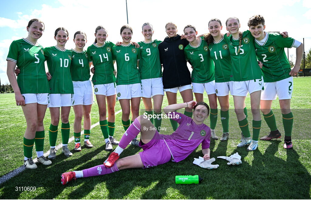 17 April 2025; Republic of Ireland players after their side's victory in the Girls U15 SAFIB Bob Docherty Cup match between Northern Ireland and Republic of Ireland at Greenisland FC in Antrim. Photo by Seb Daly/Sportsfile