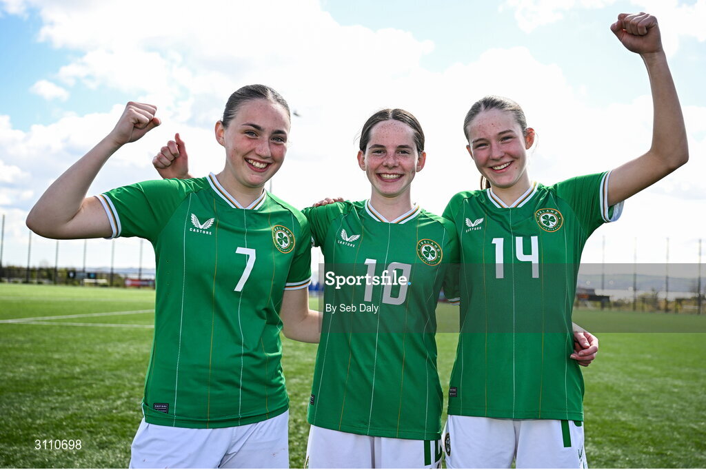 17 April 2025; Republic of Ireland goalscorers, from left, Halle Harcourt, Ellen Goggin and Hailey Twomey after their side's victory in the Girls U15 SAFIB Bob Docherty Cup match between Northern Ireland and Republic of Ireland at Greenisland FC in Antrim. Photo by Seb Daly/Sportsfile