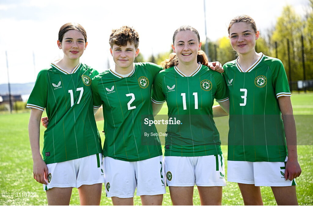 17 April 2025; Republic of Ireland players, from left, Kyra Gavigan, Leah O’Leary Callender, Abbie Duffy, and Ava Hallinan after the Girls U15 SAFIB Bob Docherty Cup match between Northern Ireland and Republic of Ireland at Greenisland FC in Antrim. Photo by Seb Daly/Sportsfile