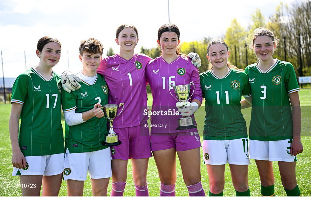 17 April 2025; Republic of Ireland players, from left, Kyra Gavigan, Leah O’Leary Callender, goalkeepers Sarah Doyle and Lucy Doyle Farrington, Abbie Duffy, and Ava Hallinan after the Girls U15 SAFIB Bob Docherty Cup match between Northern Ireland and Republic of Ireland at Greenisland FC in Antrim. Photo by Seb Daly/Sportsfile