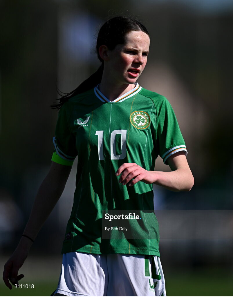 17 April 2025; Ellen Goggin of Republic of Ireland during the Girls U15 SAFIB Bob Docherty Cup match between Northern Ireland and Republic of Ireland at Greenisland FC in Antrim. Photo by Seb Daly/Sportsfile