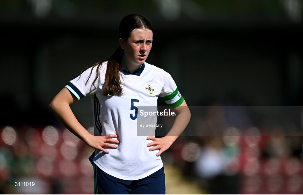 17 April 2025; Ellie-Mae Turner of Northern Ireland during the Girls U15 SAFIB Bob Docherty Cup match between Northern Ireland and Republic of Ireland at Greenisland FC in Antrim. Photo by Seb Daly/Sportsfile